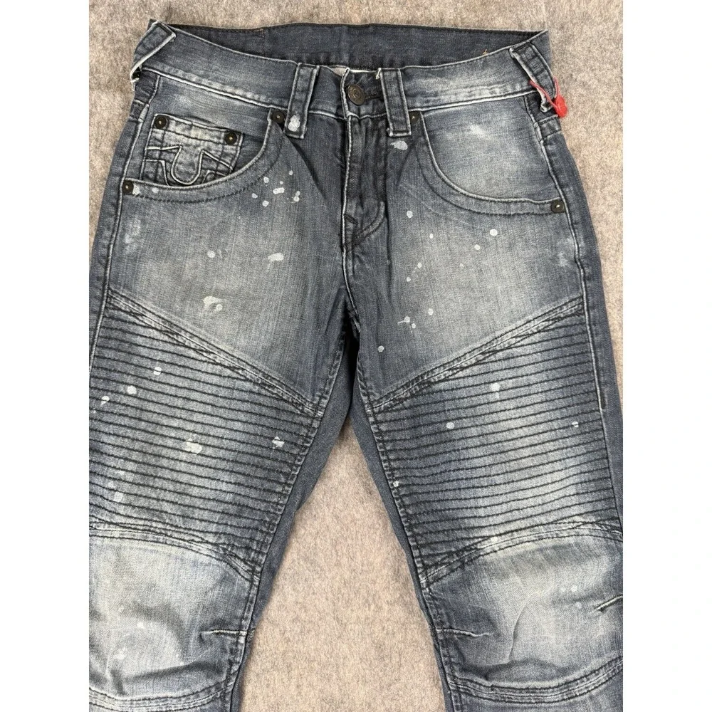 True Religion MENS 29x32 Slim Moto Run Jeans Blue Stitched Paint Splatter Y2K